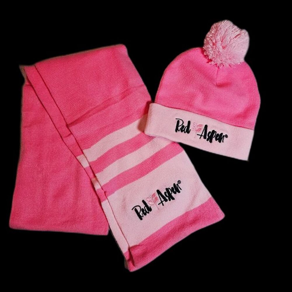 Red Aspen Pink Knit Beanie Pom Hat & Scarf Set | Logo Embroidered | New